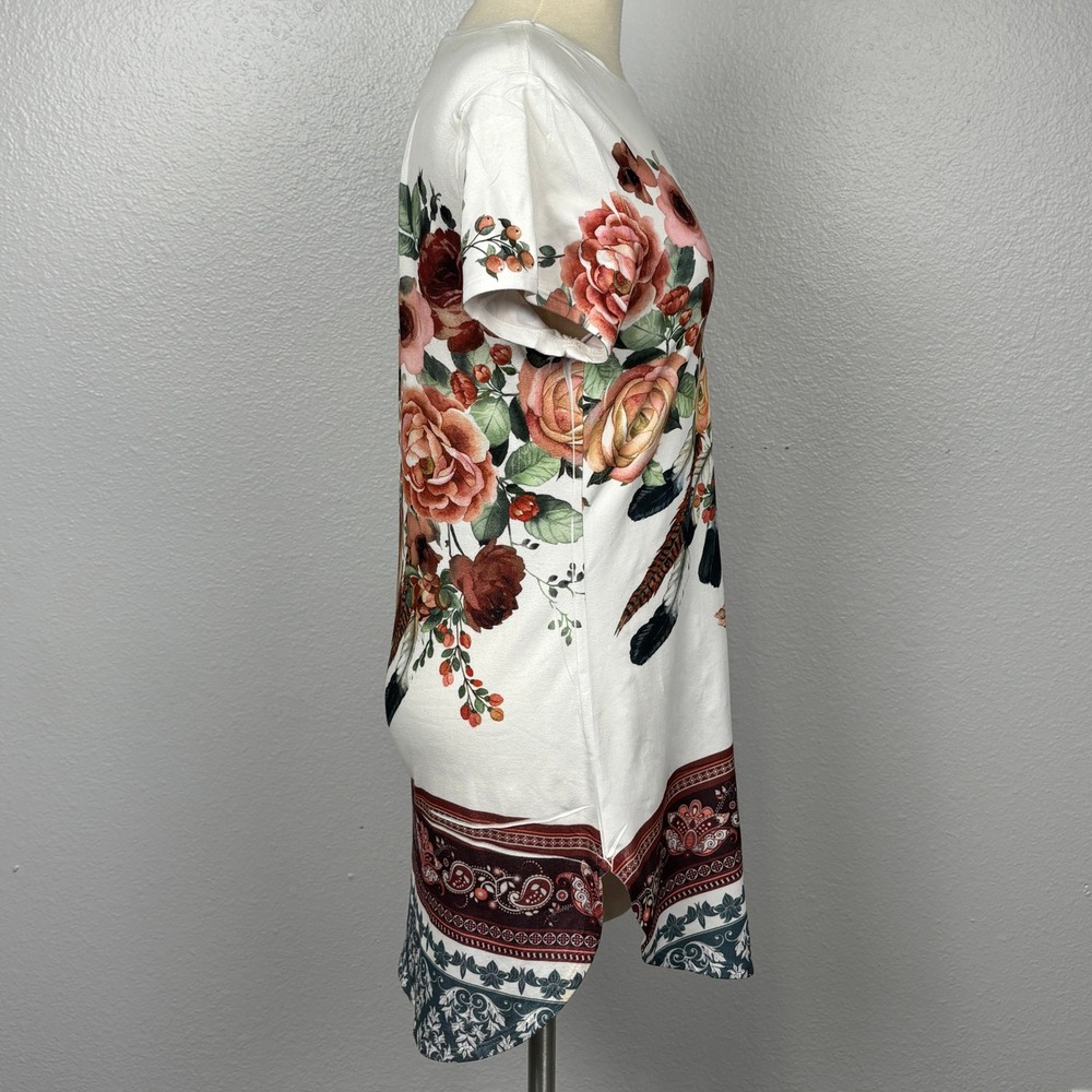 Dice Floral Tunic Top Women Medium Boho Roses Feather Print Short Sleeve - Picture 2 of 8